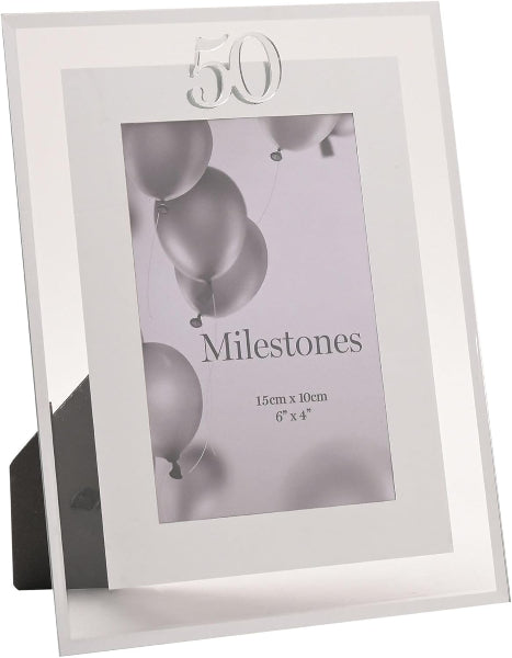 Silver photo frame with '50 Milestones' text and balloon design on a white background