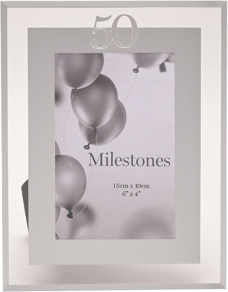 Silver photo frame with '50 Milestones' text and balloons design, suitable for 6x4寸 photos.