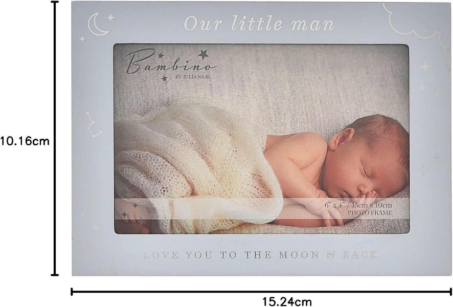 A personalized baby photo frame with a window showing a sleeping newborn wrapped in a cream knit blanket. The frame has a pale blue-gray border with printed text reading 'Our little man' and 'Bambino Di Giambino,' plus dimensions marked 10.