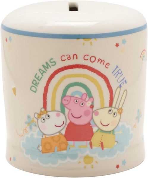 Ceramic money box with cartoon characters and rainbow design on a white background