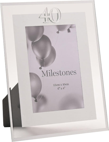 Silver photo frame with '40' and 'Milestones' text, featuring balloons on a white background.