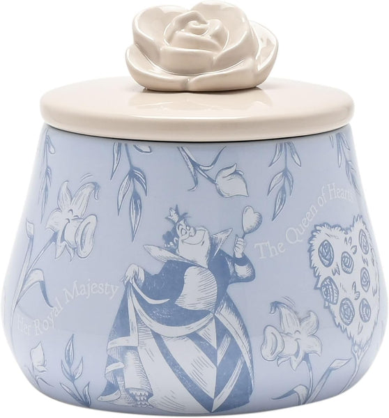 Ceramic jar with rose lid featuring illustrations on a light blue background