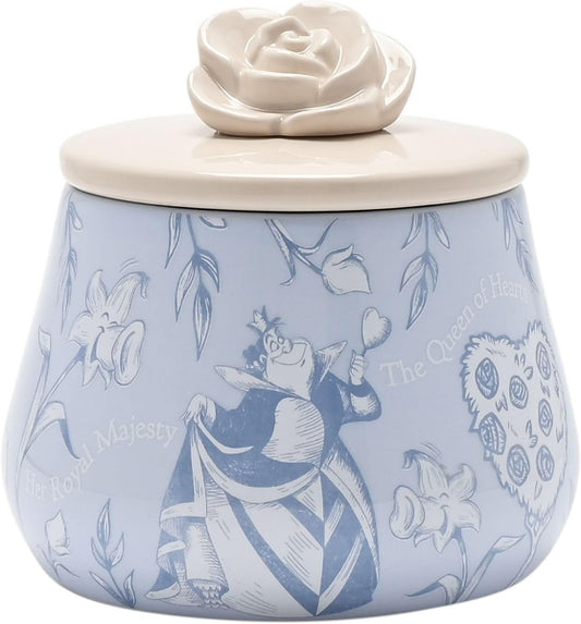 Ceramic jar with rose lid featuring illustrations on a light blue background