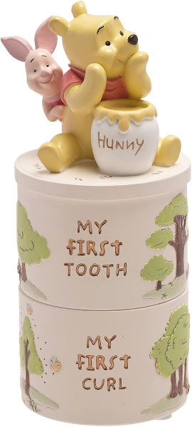 Decorative container with Winnie the Pooh and Piglet, featuring 'My First Tooth' and 'My First Curl' text.