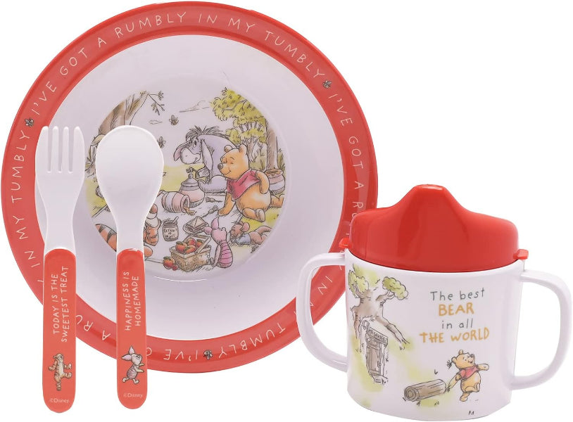 Children's dinnerware set with Winnie the Pooh design on a white background