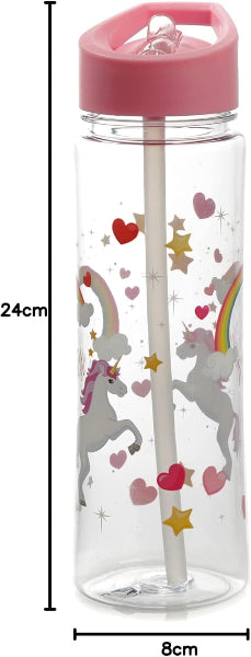 Clear water bottle with pink lid and unicorn design, featuring a straw.