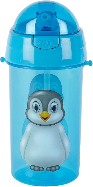 Blue water bottle with a penguin design on a white background