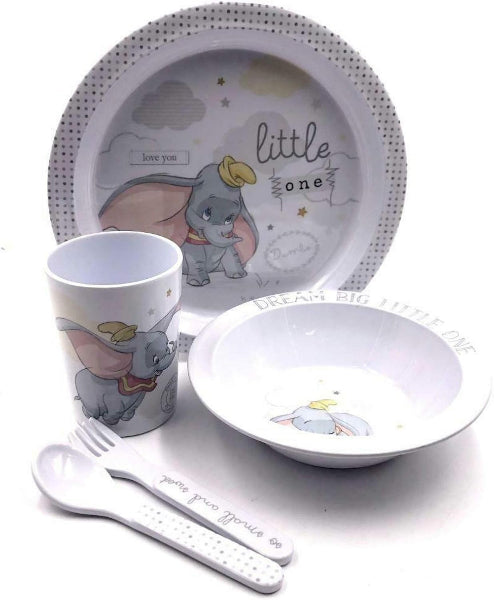 Children's dinner set with Dumbo the Elephant design on a white background