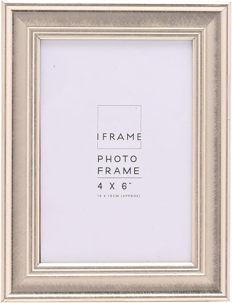 A square picture frame with a distressed silver and white finish, featuring a white insert card with black text that reads 'IFRAME PHOTO FRAME 4 X 6"'.