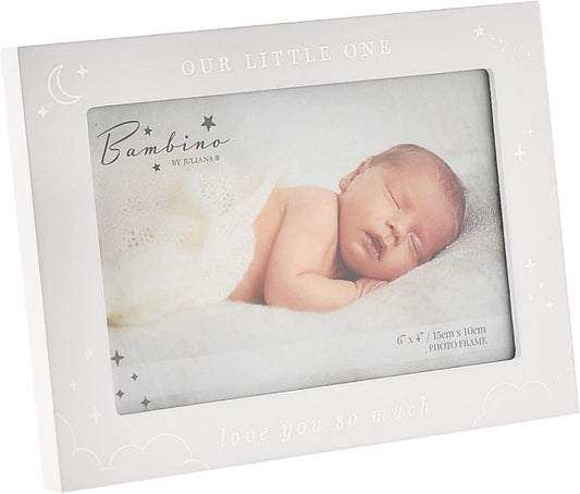 A white baby photo frame with a clear window showing a sleeping newborn baby. The frame has decorative white line drawings of a crescent moon, stars, and clouds, with the text 'OUR LITTLE ONE' at the top and 'love you so much' at the bottom.