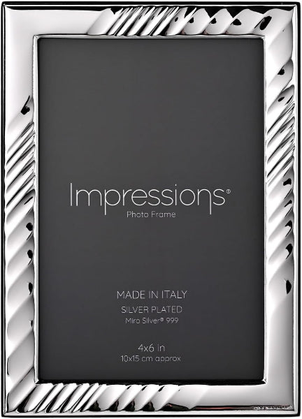 A silver-plated picture frame with a decorative twisted border design, shown with a dark insert card. The card displays the brand name 'Impressions' and product details.
