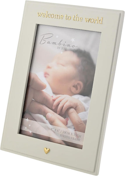 An off-white rectangular baby photo frame with gold lettering that reads 'welcome to the world' at the top and a small gold heart at the bottom. The frame is shown holding a sample baby photograph.