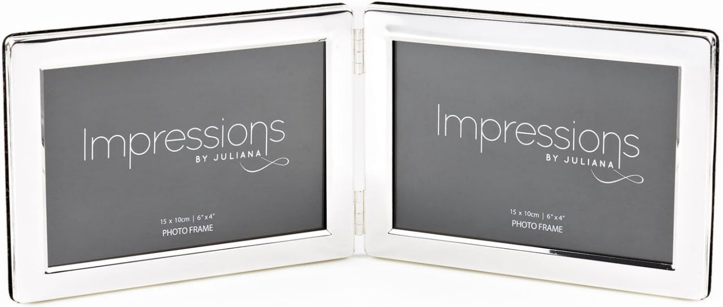 Silver double photo frame with 'Impressions by Juliana' branding on a white background