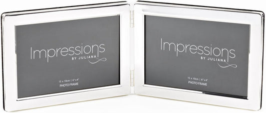 Silver double photo frame with 'Impressions by Juliana' branding on a white background