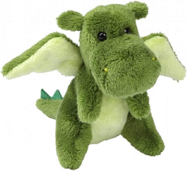 Green plush dragon toy on a white background