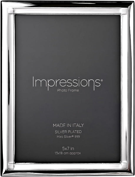 Silver photo frame with 'Impressions' branding on a gray background