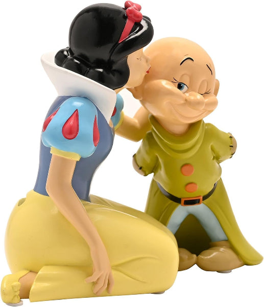 A plastic figurine of Snow White kissing the Big Bad Wolf, set against a plain white background.