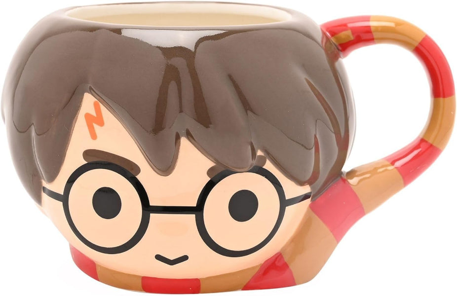 Mug shaped like a cartoon character with glasses and a striped shirt on a white background