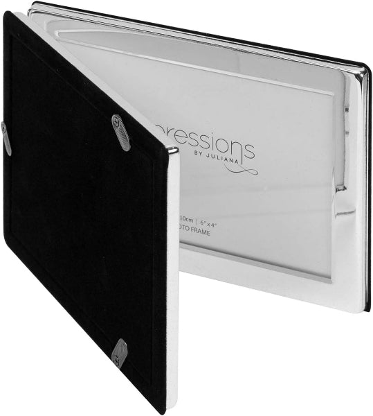 Silver photo frame with black border on a white background