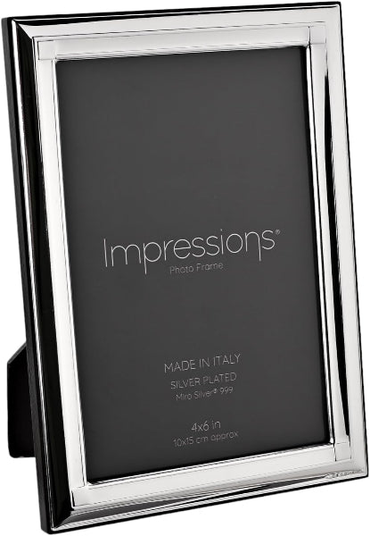 A silver-plated picture frame with a black interior mat and a black backing, shown on a plain white background. The matting features the 'Impressions' brand name and product details.