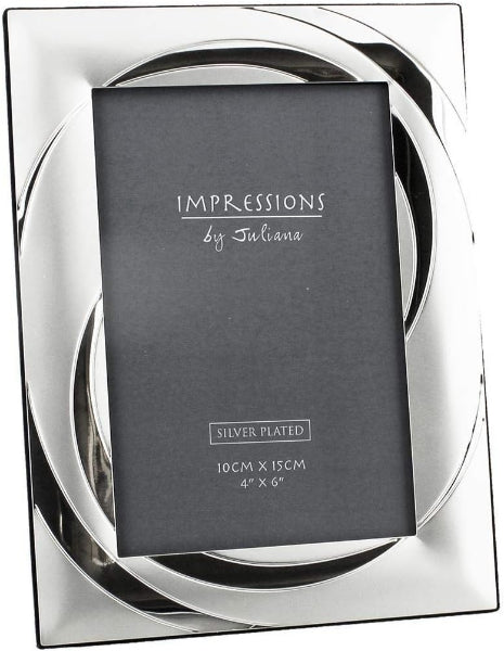 Silver-plated photo frame with 'Impressions by Juliana' branding on a white background