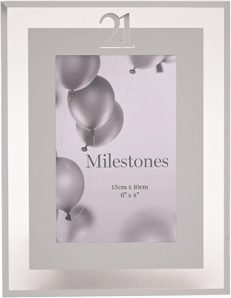 Silver photo frame with '21 Milestones' text and balloon design