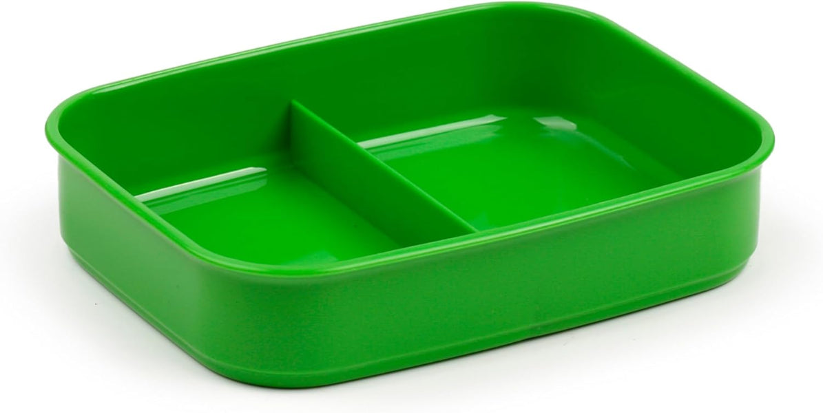 Green plastic tray with compartments on a white background