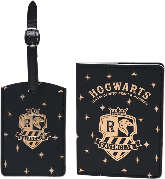 Hogwarts Ravenclaw themed luggage tag and notebook with star patterns on a white background