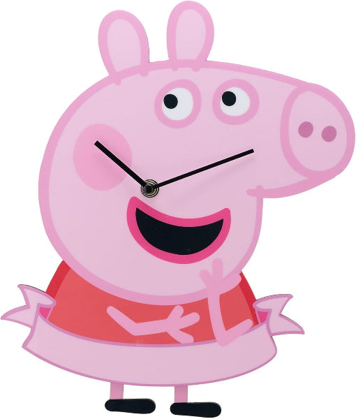 Pink pig character clock with a red dress on a white background