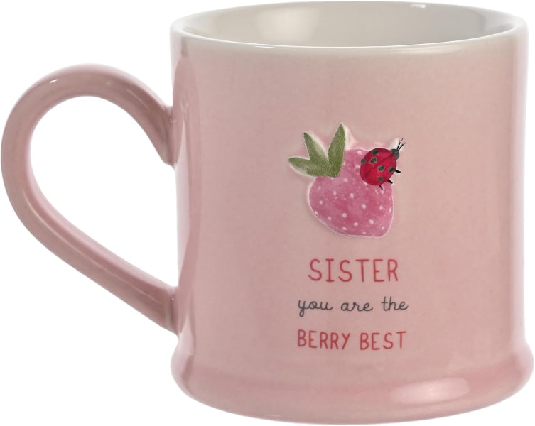 Pink mug with a strawberry and ladybug design, featuring the text 'Sister you are the berry best'.