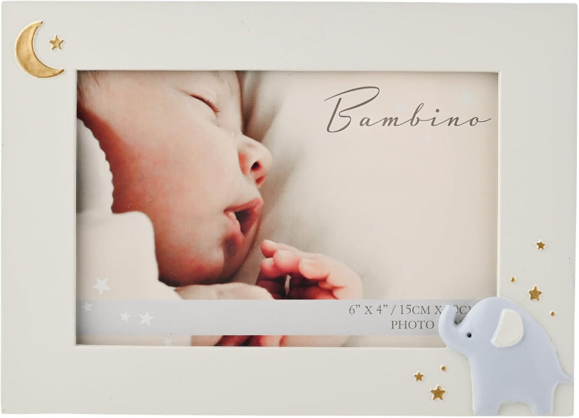 A white baby photo frame with gold crescent moon and star decorations, featuring a printed baby photo insert with the word 'Bambino' and a small white elephant detail in the bottom right corner.