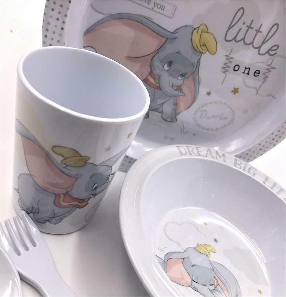 Children's dinnerware set with Dumbo character on a white background
