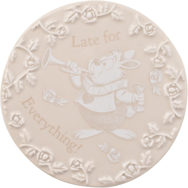 Decorative plate with a cartoon character and text on a white background