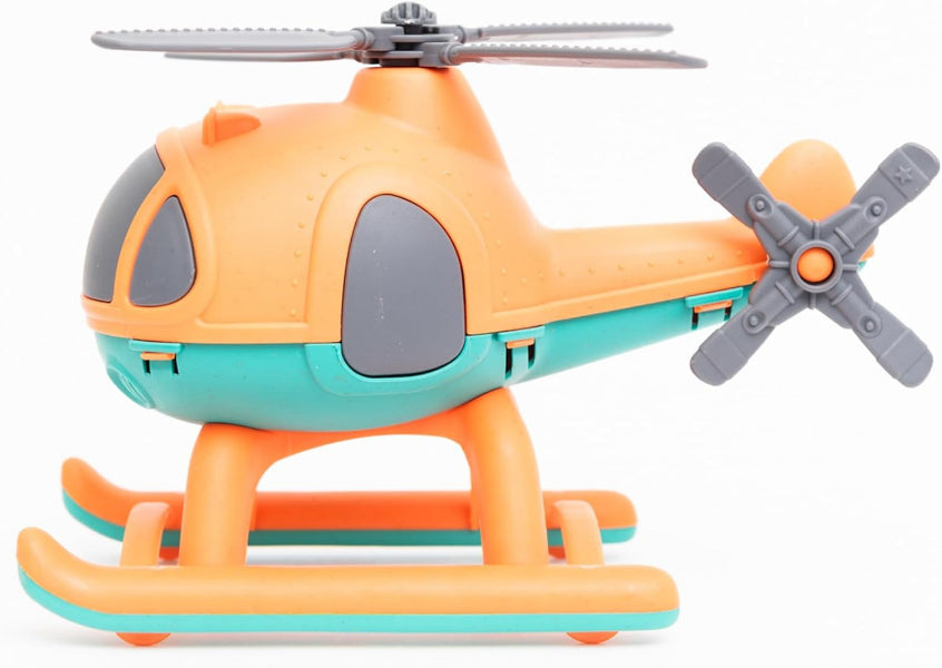 Toy helicopter with orange and teal colors on a white background