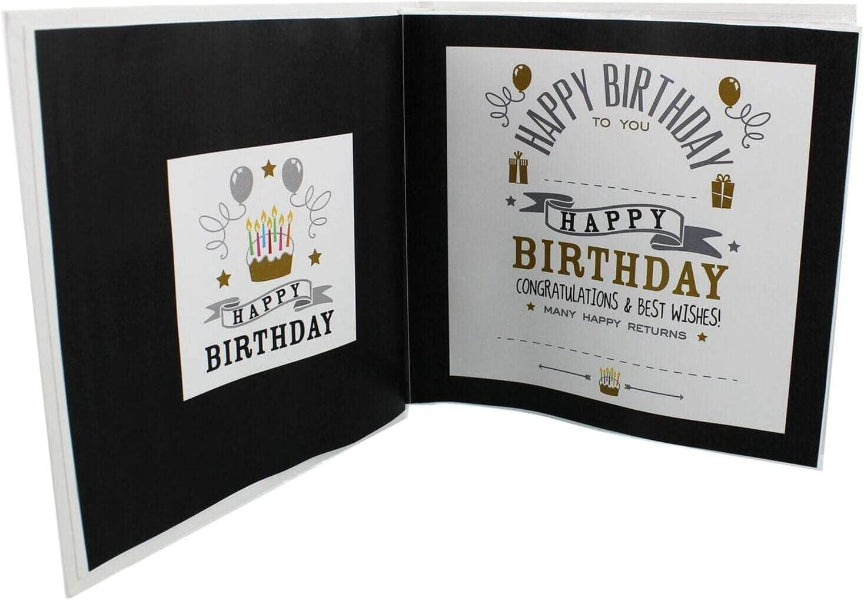 Open birthday card with decorative text and graphics on a white background