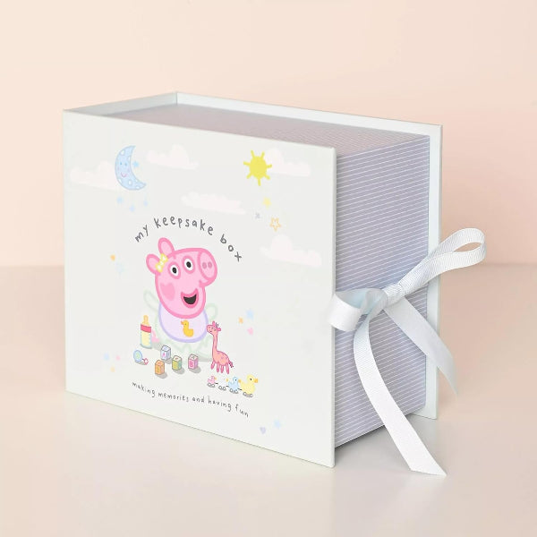 Children's keepsake box with a pink pig character on a light pink background