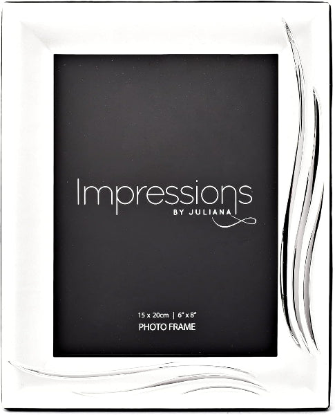 Silver photo frame with 'Impressions by Juliana' branding on a black background