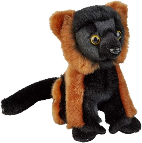 Plush toy lemur with black and orange fur on a white background