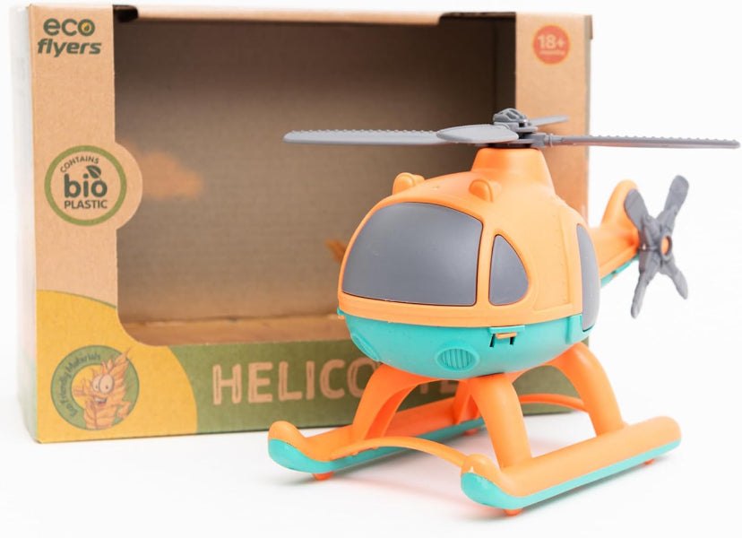 Toy helicopter with 'eco flyers' packaging on a white background