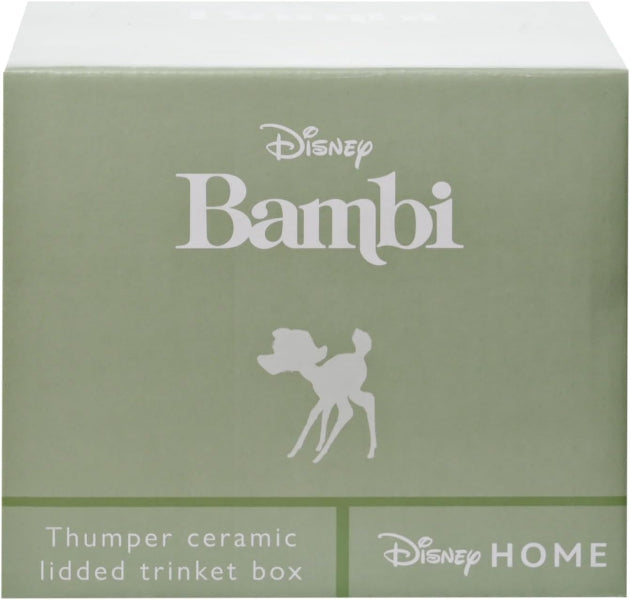 Disney Bambi themed ceramic lidded trinket box packaging, featuring a sage green box with white printed Disney Bambi logo, silhouette, and bottom text reading 'Thumper ceramic lidded trinket box' and 'Disney HOME'.