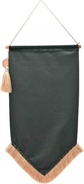 Dark green banner with beige tassels hanging on a white background