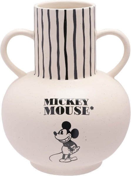 Ceramic vase with black and white striped design and 'Mickey Mouse' text on a white background