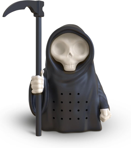 Skull-shaped colander with a grim reaper design holding a sickle on a white background