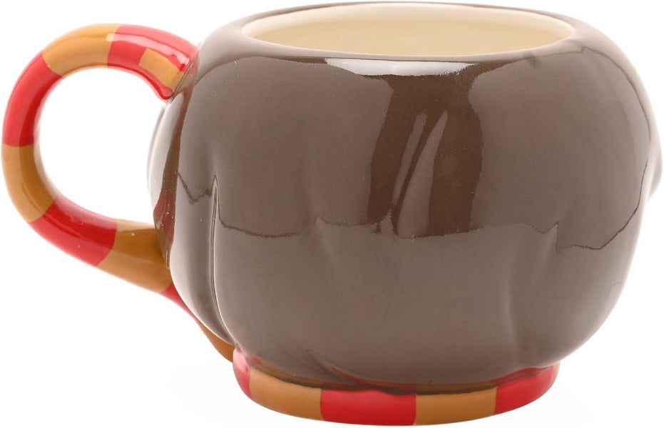 Brown mug with a colorful handle on a white background