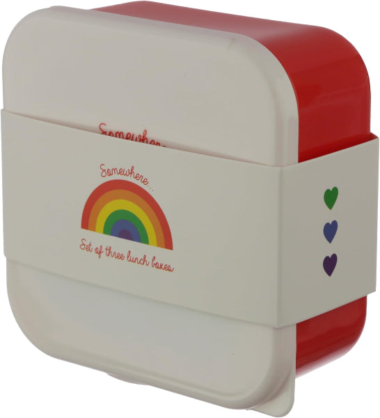 Lunch box with rainbow design and text on a white background