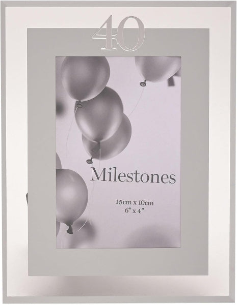 Silver photo frame with '40 Milestones' text and balloons design