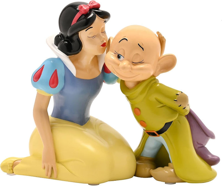 A collectible figurine of Disney's Snow White kissing the Three Dwarfs, featuring Snow White in her blue and yellow dress kneeling on the left, and the three dwarfs in green, brown, and purple outfits on the right, set against a plain white background.