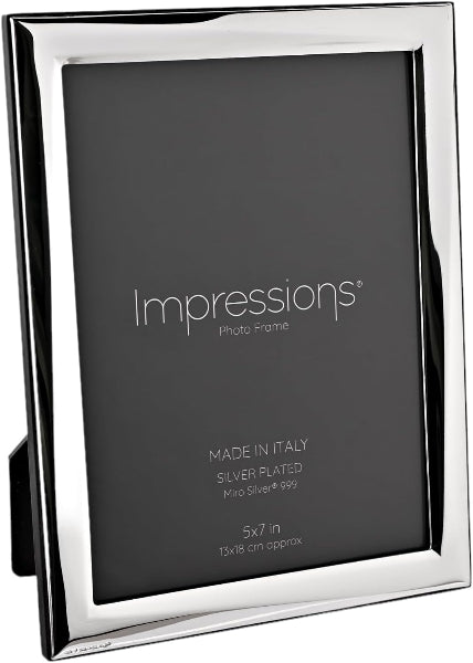 A silver-plated picture frame with a polished metallic border, shown holding a dark insert card. The card reads 'Impressions Photo Frame' and includes size and material details.