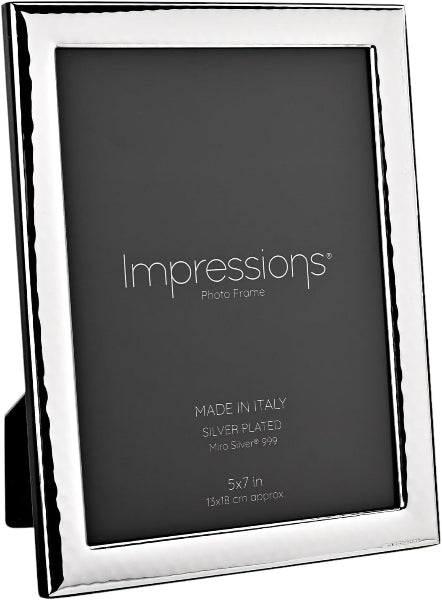 Silver photo frame with 'Impressions' branding on a black background.