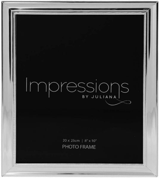 Silver photo frame with 'Impressions by Juliana' branding on a black background